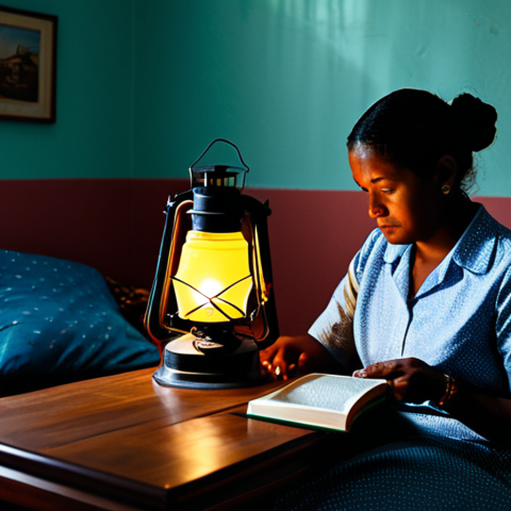 A Guyanese family, a mother and child, in their modest living room during a power outage. The room is dimly lit by a single battery-operated lantern on a wooden table, casting soft, warm shadows. The mother is calmly reading a book to the child, who is attentively listening. They are both fully clothed in appropriate, everyday attire. The scene emphasizes resilience and adaptation. Professional photography, realistic, high quality, perfect anatomy, correct proportions, natural pose, well-formed hands, proper finger count, natural body proportions, safe for work, appropriate content, fully clothed, family-friendly.