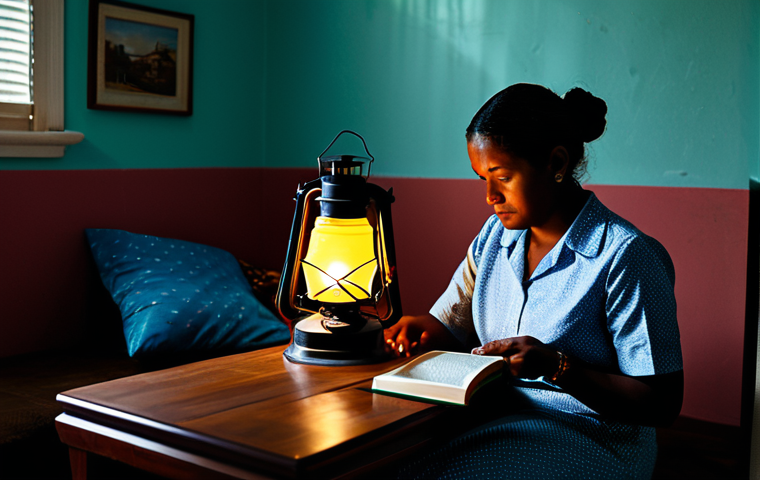 A Guyanese family, a mother and child, in their modest living room during a power outage. The room is dimly lit by a single battery-operated lantern on a wooden table, casting soft, warm shadows. The mother is calmly reading a book to the child, who is attentively listening. They are both fully clothed in appropriate, everyday attire. The scene emphasizes resilience and adaptation. Professional photography, realistic, high quality, perfect anatomy, correct proportions, natural pose, well-formed hands, proper finger count, natural body proportions, safe for work, appropriate content, fully clothed, family-friendly.