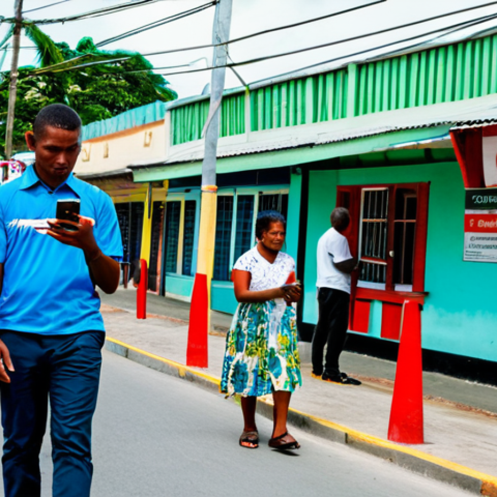 **
"A busy street scene in Georgetown, Guyana, showing people using their mobile phones. In the background, subtly feature the GTT and Digicel logos. People are dressed in everyday, appropriate attire. The image should convey a sense of modern connectivity in a developing nation. Safe for work, appropriate content, fully clothed, professional, perfect anatomy, correct proportions, natural pose, well-formed hands, proper finger count, natural body proportions, high quality."
**
