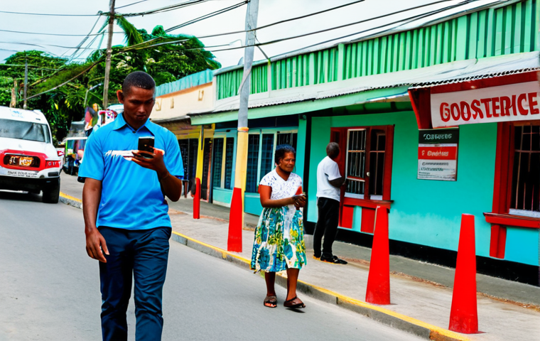 **
"A busy street scene in Georgetown, Guyana, showing people using their mobile phones. In the background, subtly feature the GTT and Digicel logos. People are dressed in everyday, appropriate attire. The image should convey a sense of modern connectivity in a developing nation. Safe for work, appropriate content, fully clothed, professional, perfect anatomy, correct proportions, natural pose, well-formed hands, proper finger count, natural body proportions, high quality."
**
