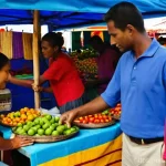 Home 9 가이아나 도보 여행 코스 - **Prompt 1: Vibrant Georgetown Market Scene**
"A bustling, vibrant street market scene in George...