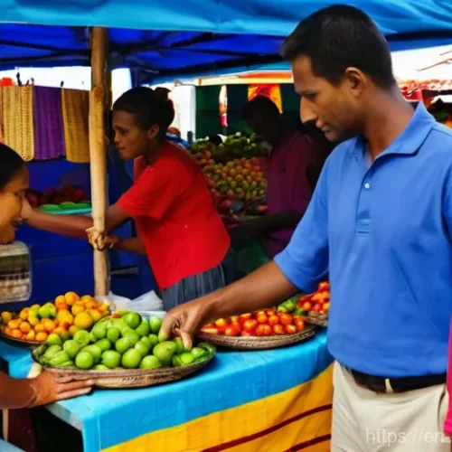 Home 21 가이아나 도보 여행 코스 - **Prompt 1: Vibrant Georgetown Market Scene**
"A bustling, vibrant street market scene in George...