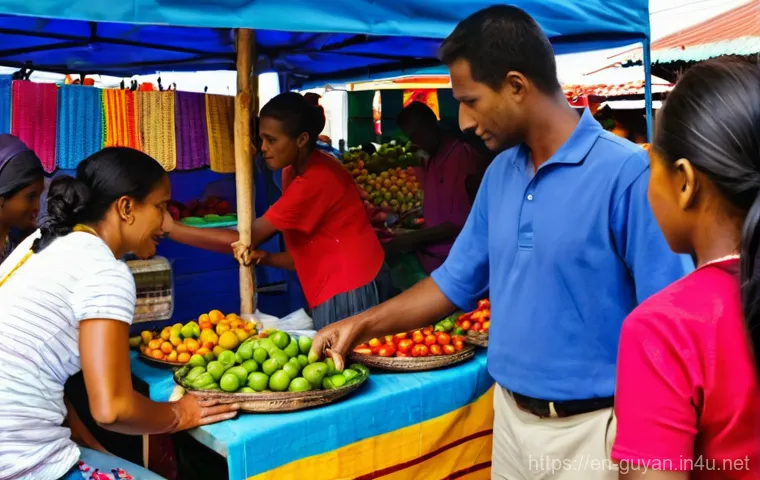 가이아나 도보 여행 코스 - **Prompt 1: Vibrant Georgetown Market Scene**
"A bustling, vibrant street market scene in George...