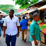 Home 8 가이아나에서 피해야 할 장소 - **Urban Market Vigilance in Georgetown**
A vibrant, bustling daytime scene in Georgetown's Stabr...