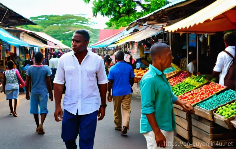 가이아나에서 피해야 할 장소 - **Urban Market Vigilance in Georgetown**
A vibrant, bustling daytime scene in Georgetown's Stabr...
