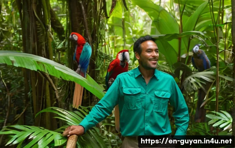 가이아나 로컬 가이드 이용 - **Guyanese Rainforest Discovery with Local Guide:** A dynamic and immersive scene within the lush, v...