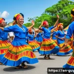 가이아나 민속춤 - A vibrant outdoor scene of Guyanese folk dancers performing an energetic African-derived dance durin...