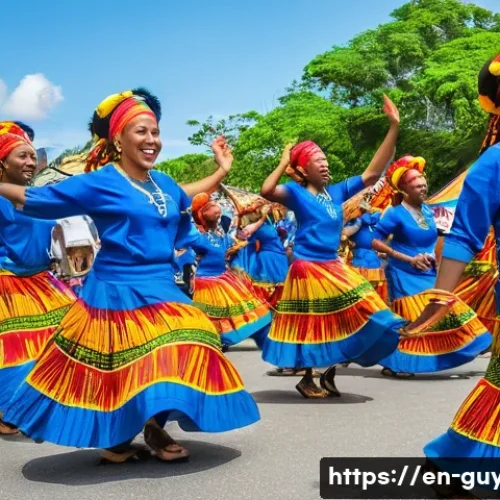 가이아나 민속춤 - A vibrant outdoor scene of Guyanese folk dancers performing an energetic African-derived dance durin...