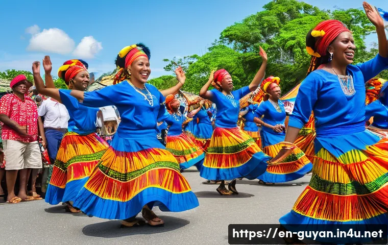 가이아나 민속춤 - A vibrant outdoor scene of Guyanese folk dancers performing an energetic African-derived dance durin...