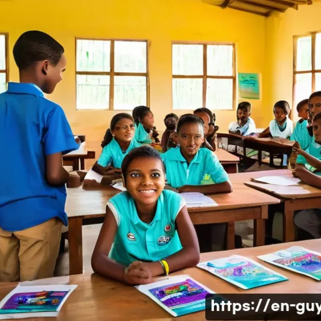 가이아나의 지역 사회 프로젝트 - A vibrant community learning center in a rural Guyanese village, featuring children wearing modest c...