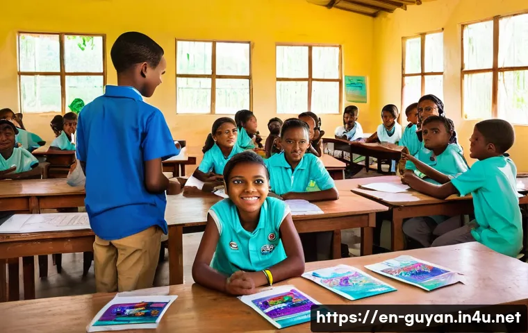 가이아나의 지역 사회 프로젝트 - A vibrant community learning center in a rural Guyanese village, featuring children wearing modest c...