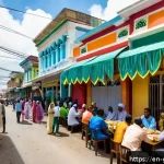 가이아나와 이슬람교 - A vibrant urban street scene in Georgetown, Guyana, showcasing a diverse Muslim community during Eid...