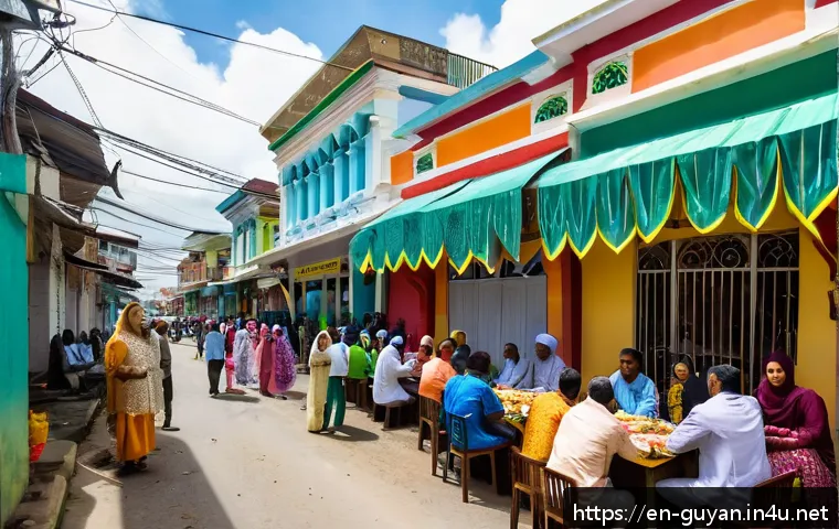 가이아나와 이슬람교 - A vibrant urban street scene in Georgetown, Guyana, showcasing a diverse Muslim community during Eid...