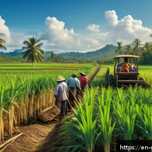 가이아나 음료 데메라라 럼 - A vibrant, detailed scene of a sunlit tropical sugarcane field with weathered farmers carefully harv...