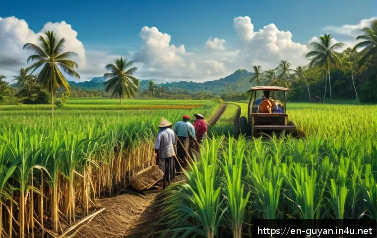 가이아나 음료 데메라라 럼 - A vibrant, detailed scene of a sunlit tropical sugarcane field with weathered farmers carefully harv...