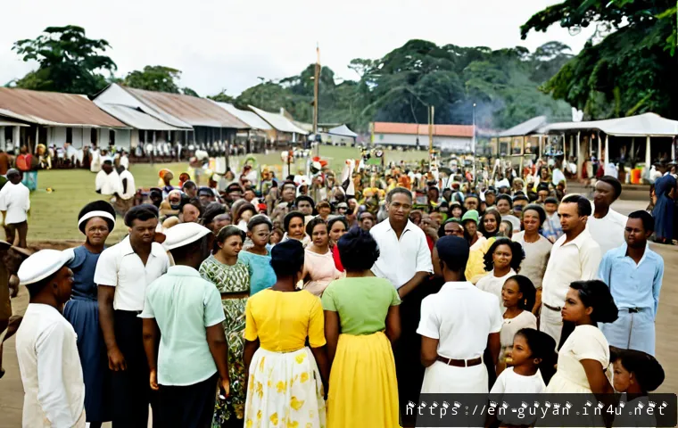 가이아나 독립 과정 - Photorealistic historical scene of British Guiana’s independence era in Georgetown, 1966: a diverse ...